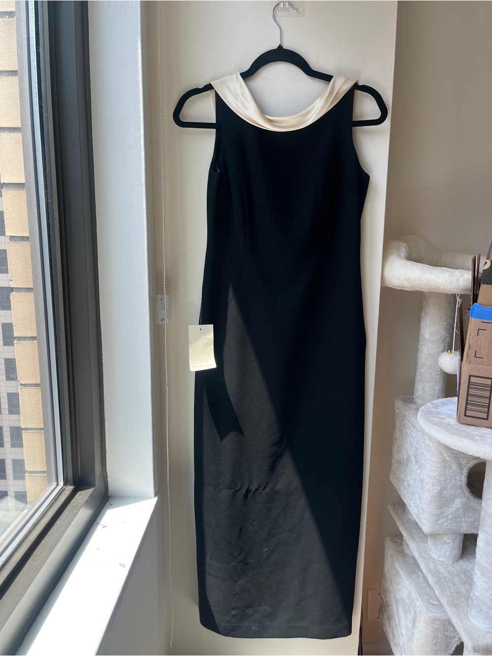 Ann Taylor NWT VTG Vintage Black Maxi Dress with Cream Cowl Collar